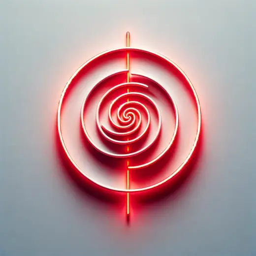 DALL·E 2024-04-24 19.34.57 - A minimalist abstract drawing with a deep white background, featuring a pronounced spiral vanishing point highlighted by vivid red neon light. The neo